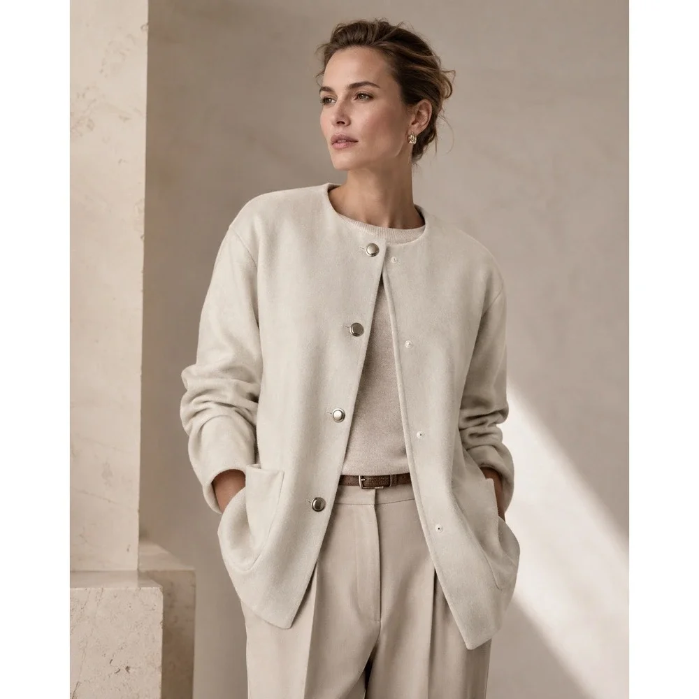 ANN TAYLOR SAND SHELL IVORY CREW NECK WOOL BLEND‎  JACKET COAT LARGE